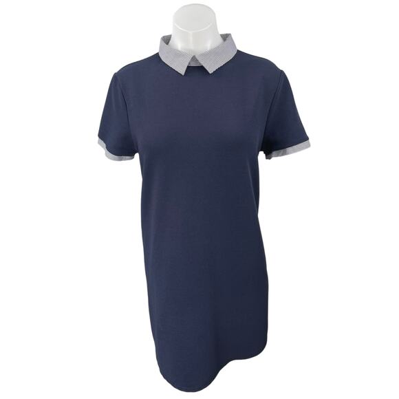 Zara Women's Navy Blue Knit Stripe Collar Short Sleeve Mini Polo Shift Dress L - Picture 4 of 8